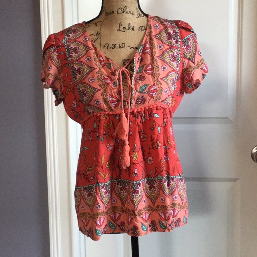 JAASE coral printed tulip sleeve blouse~SMALL